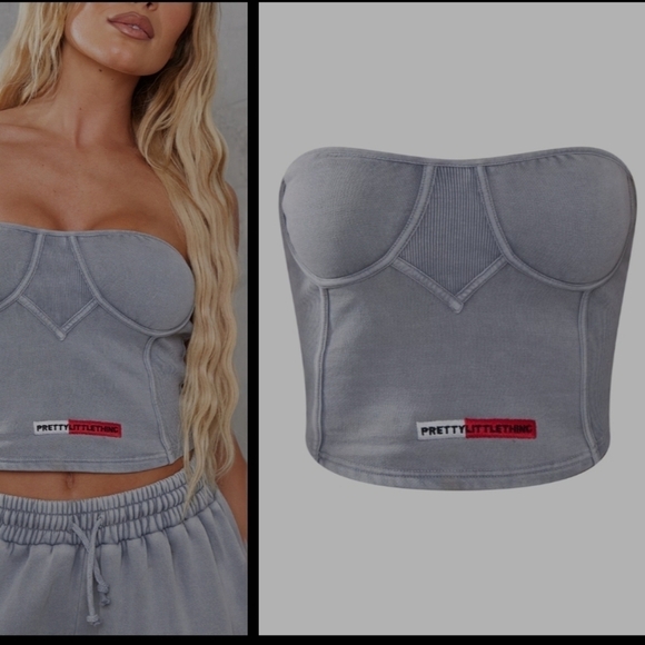 PRETTYLITTLETHING Grey Washed Rib Panel Bandeau Corset Top. Size Large. New. - Picture 1 of 8